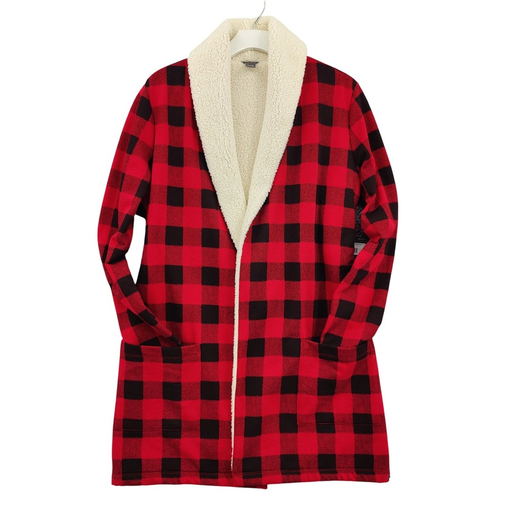 Eddie Bauer Womens Cabin Gorpcore Cardigan M Red Buffalo Plaid Sherpa Lined NEW